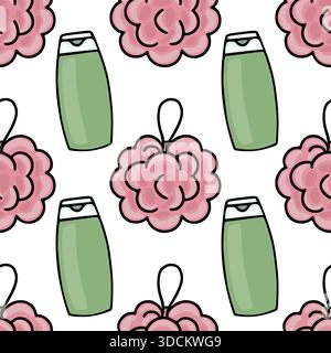 Seamless vector pattern of pink bath poufs and green shampoo bottles with black outlines on a white background. Stock Vector