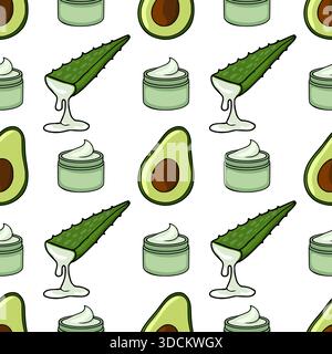 Seamless vector pattern featuring hand-drawn illustrations of aloe vera leaves with juice drops, sliced avocados with pits, and open jars of natural c Stock Vector