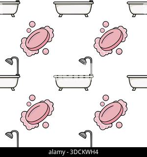 Seamless vector pattern featuring charming cartoon bathtubs, pink soap bars with bubbles, and shower heads on a clean white background, perfect for ba Stock Vector
