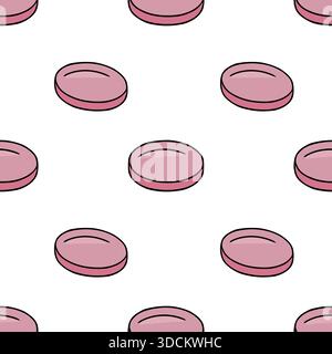 Seamless vector pattern of stylized pink pills with black outlines on a white background, creating a minimalist medical or pharmaceutical theme. Stock Vector