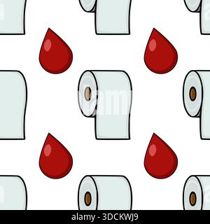 Seamless vector pattern featuring stylized toilet paper rolls and red teardrop shapes against a white background. Stock Vector