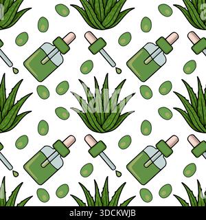 Seamless vector pattern featuring hand-drawn aloe vera succulents and glass cosmetic dropper bottles with green essential oil and pipettes on a clean Stock Vector