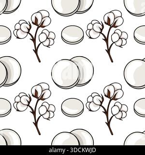 Seamless vector pattern of fluffy cotton bolls and round cotton pads on a white background, evoking a sense of purity and natural softness. Stock Vector