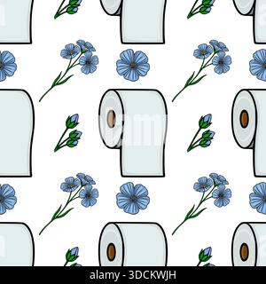 Seamless vector pattern featuring light blue toilet paper rolls intertwined with delicate blue flax flowers and buds on a white background, evoking a Stock Vector