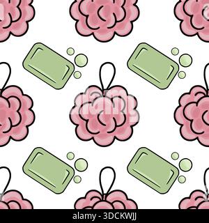 Seamless vector pattern of pink bath poufs and green soap bars with bubbles, perfect for bathroom decor and personal care branding. Stock Vector