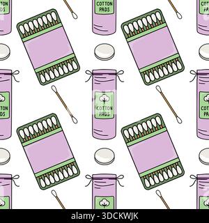 Seamless vector pattern featuring hand-drawn cotton swabs in a box and cotton pads in a drawstring pouch, set against a clean white background with pa Stock Vector
