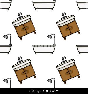 Seamless vector pattern featuring cartoon-style bathtubs, vanities with sinks, and showerheads on a white background. Stock Vector
