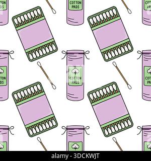 Seamless vector pattern featuring pastel purple packaging of cotton pads and cotton swabs, with individual swabs scattered throughout. Stock Vector