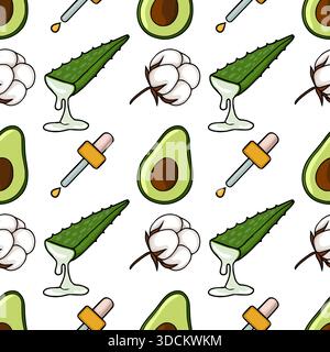 Seamless vector pattern featuring organic skincare ingredients: aloe vera, avocado, and cotton, with dropper bottles for serum application. Stock Vector