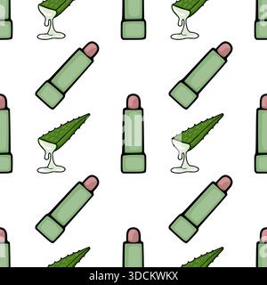 Seamless vector pattern featuring hand-drawn aloe vera leaves with dripping juice and tubes of organic lip balm on a white background. Stock Vector
