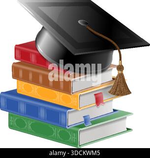 Investment in Education or knowledge is money Concept - Stack of Colored Books with Bookmarks and Square Academic Cap mortarboard and money. realistic Stock Vector