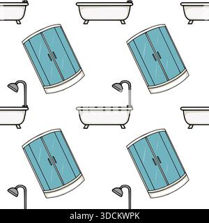 Seamless vector pattern featuring stylized vintage bathtubs and modern glass shower cabins with shower heads, set against a clean white background for Stock Vector