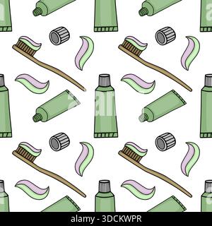 Seamless vector pattern featuring pastel toothpaste tubes, toothbrushes with toothpaste swirls, and caps, perfect for dental hygiene backgrounds. Stock Vector