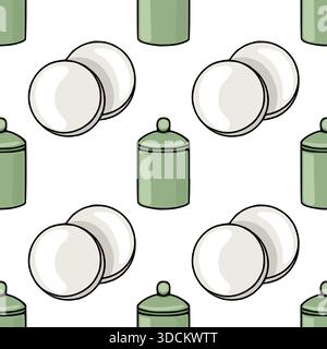 Seamless vector pattern depicting pairs of soft white cotton pads and small sage green apothecary jars with lids, ideal for bathroom interior or skinc Stock Vector