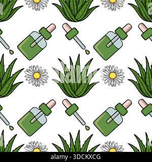 Seamless vector pattern featuring hand-drawn aloe vera plants and dropper bottles with falling drops, interspersed with delicate daisy flowers on a wh Stock Vector