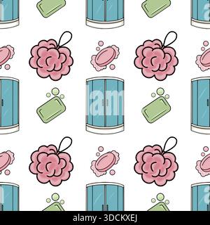 A whimsical vector pattern featuring a repeating arrangement of pastel-colored shower stalls, fluffy pink bath poufs, and green soap bars with bubbles Stock Vector