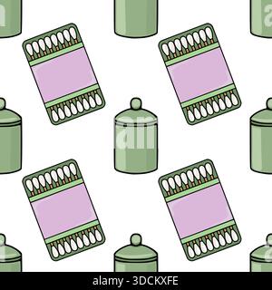 This is a seamless vector pattern featuring hand-drawn style illustrations of cotton swabs in pink and green packaging alongside sage green apothecary Stock Vector