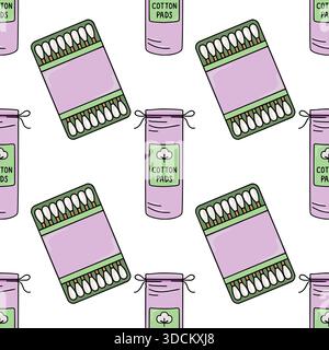 A charming seamless vector pattern featuring pastel purple containers of cotton pads and cotton swabs, with a simple line art cotton icon and text lab Stock Vector