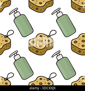 Seamless vector pattern of cartoon-style bath sponges and soap dispensers with a playful, clean aesthetic. Stock Vector