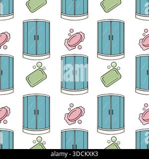 Seamless vector pattern of cute cartoon shower cabins and soap bars with bubbles. Stock Vector