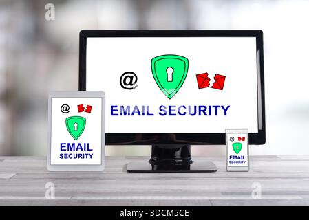 Email security concept shown on different information technology devices Stock Photo