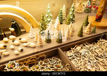 Assorted eco-friendly holiday ornaments in a gift shop at the Christmas market. Stock Photo