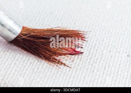 Close-up macro shot of a paintbrush with red paint on its bristles resting on a textured white surface Stock Photo