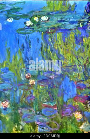Claude Monet, Water Lilies (Nymphéas), 1914–17, oil on canvas, serene impressionist pond scene in the garden at Giverny. Stock Vector