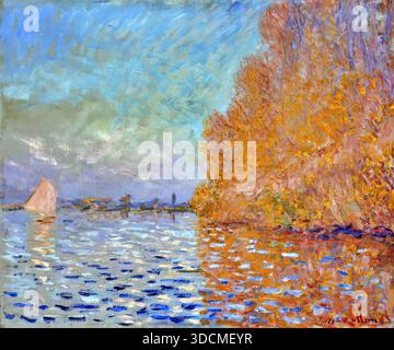 Claude Monet, Argenteuil Basin with a Single Sailboat, 1874, oil on canvas, serene impressionist river view on the Seine. Stock Vector