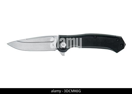 Open tactical folding knife with a black textured handle isolated on a white background. Stock Photo