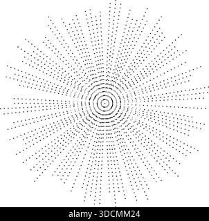 Circular composition featuring long, irregular dotted rays extending from an empty central space, with a grunge texture. Stock Vector