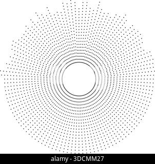 Half-circle texture featuring irregular dotted rays with a circular empty space in the center, creating a grunge abstract design. Stock Vector