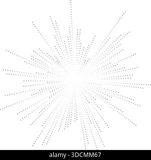 Circular composition featuring an explosion of irregular dotted rays radiating outward from the center, creating a dynamic texture. Stock Vector