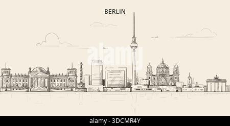 Berlin skyline. Artistic sketchy hand drawn vector illustration on a soft brown background Stock Vector