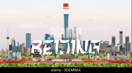 Beijing City Name (China, Asia) with black white city map illustration ...