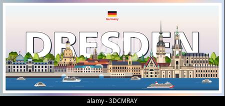 Dresden cityscape colorful vector illustration with big city name on the background. Travel trendy poster Stock Vector