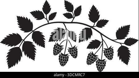 Blackberry raspberry branch silhouette with leaves and berries black vector art Stock Vector