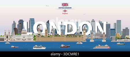 London graphic stylized cityscape colorful vector illustration with big city name on the background Stock Vector