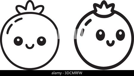 Cute Kawaii Orange Fruit Faces Line Art Icon Set for Kids Food Design Stock Vector