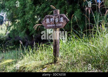 A weathered wooden signpost reading "熊野古道 KUMANO KODO" marks the pilgrimage trail near Fushiogami, Tanabe, Wakayama Prefecture, Japan. Stock Photo