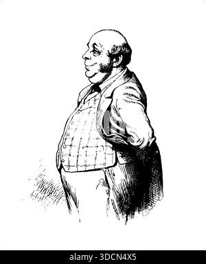Portly man, standing in profile, bald head and mutton chops Stock Vector