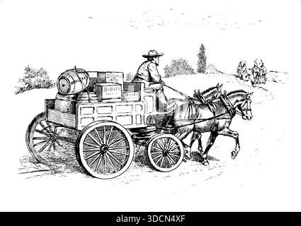 Man with a broad brim hat, riding on a wagon, carriage, pulled by two horses, carrying Bibles and alcohol. Stock Vector