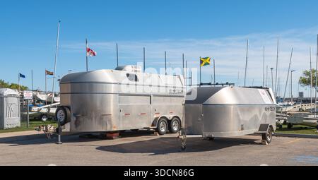 Metal trailers parked at Gimli Harbour in Manitoba, Canada Stock Photo