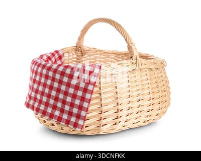 Wicker picnic basket and clean napkin on white background Stock Photo ...