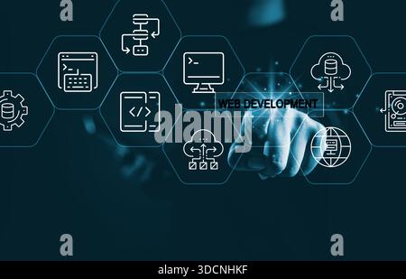 Hand touching web development interface with coding, cloud and data icons, representing software engineering, digital transformation, online systems Stock Photo
