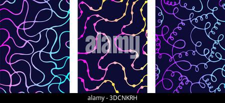 Neon psychedelic wavy lines, vector hand drawn triptych set with three dark cards. Hologram gradient twisted lines, ultra acid holographic glow. Vecto Stock Vector