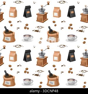 Coffee drink seamless pattern. Vector cup, coffee beans, Cardboard bag, paper packaging, retro coffee grinder, bag with scoop, coffee spots. Vector Stock Vector