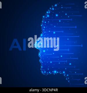 Silhouette of human face made of star cluster and flying binary code numbers. Artificial intelligence, neural network concept. Vector illustration Stock Vector