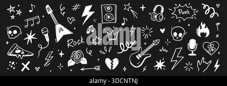 Hand drawn doodle music icons with rock elements, lightning bolts and graffiti style tattoo stickers for creative band designs on chalkboard. Marker sketch music icons. Vector illustration Stock Vector