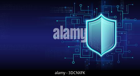 Cyber security tech background with shield icon. Vector realistic illustration of dark blue wallpaper with neon circuit board pattern, information protection sign, antivirus software presentation Stock Vector